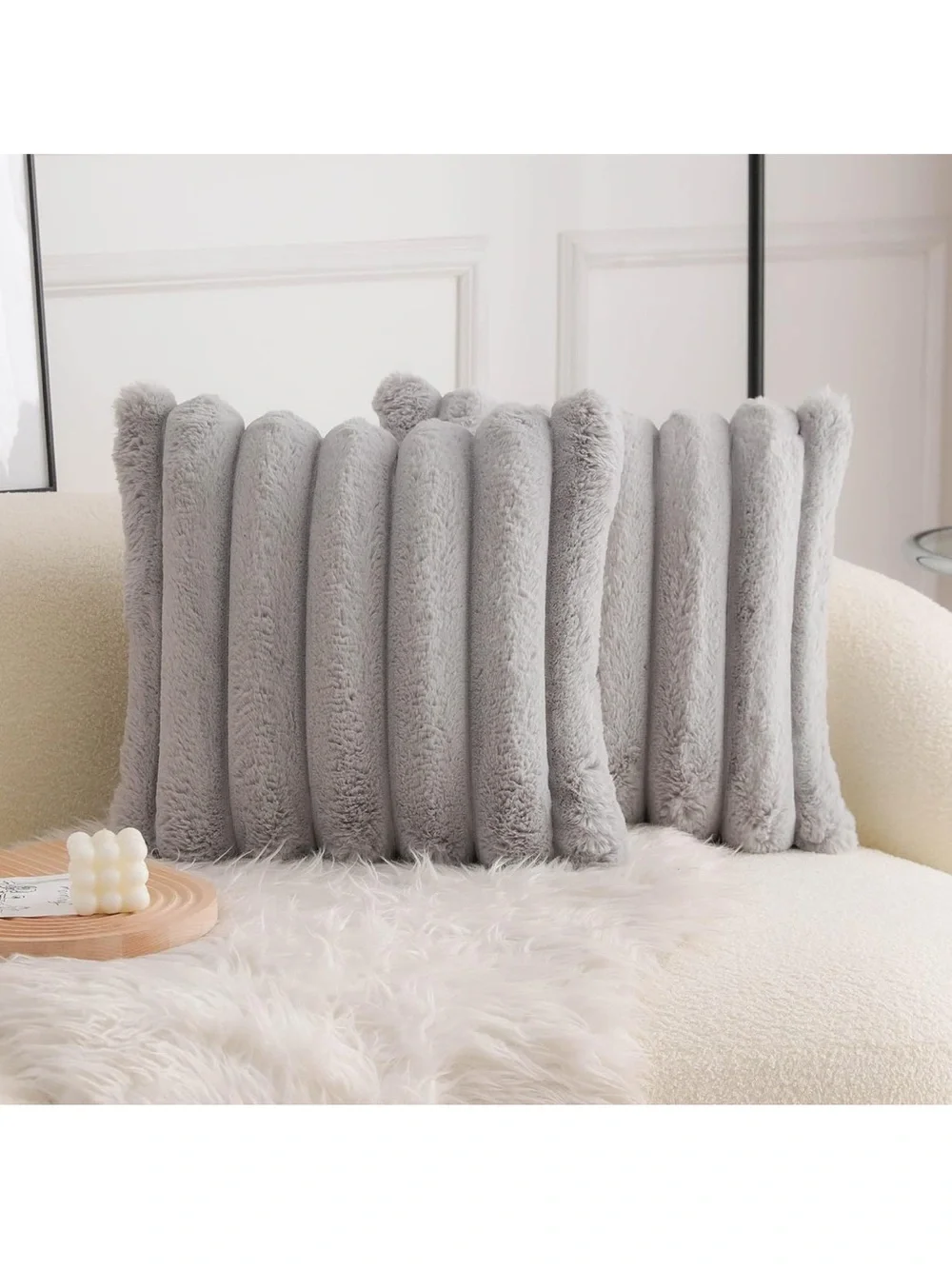 Grey Faux Fur Cozy Soft Striped Decorative Throw Pillow Covers 20x20 set of 2